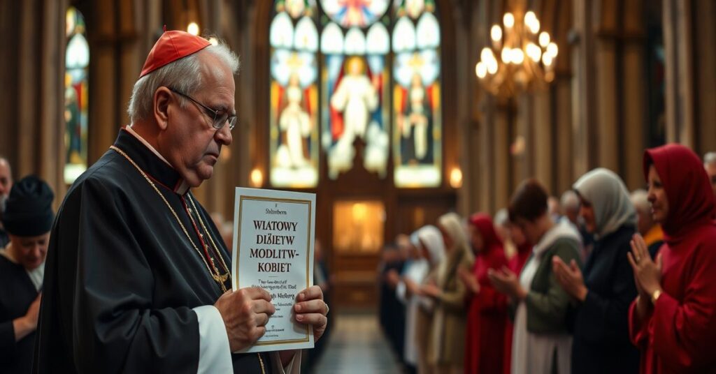 Kardynał Christoph Schönborn w katedrze podczas ekumenicznej modlitwy kobiet, symbolizującej fałszywą jednność i zaniedbanie Królestwa Chrystusa.