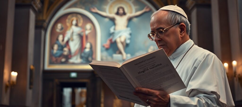 Ksiądz w tradycyjnym habitacie trzymający encyklikę 'Magnifica humanitas' przed ekranem sztucznej inteligencji w ciemnej kościelnej scenerii.