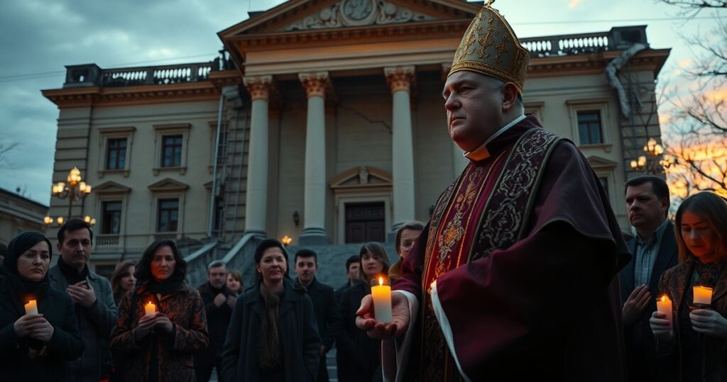 Kapłan w sutannie modli się na tle zniszczonych budynków podczas protestów w Serbii, ukazując duchowe zaangażowanie i kryzys moralny kraju