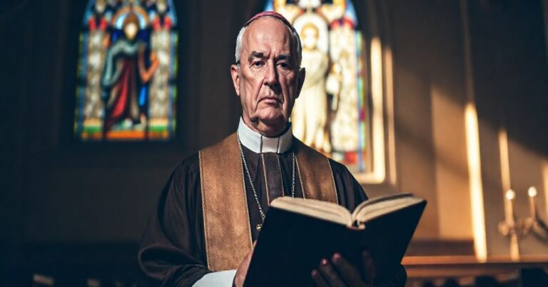 Kardynał w tradycyjnych szatach liturgicznych trzyma Biblię, na tle witrażu Chrystusa Sędziego, symbolizując powagę sądu Bożego.