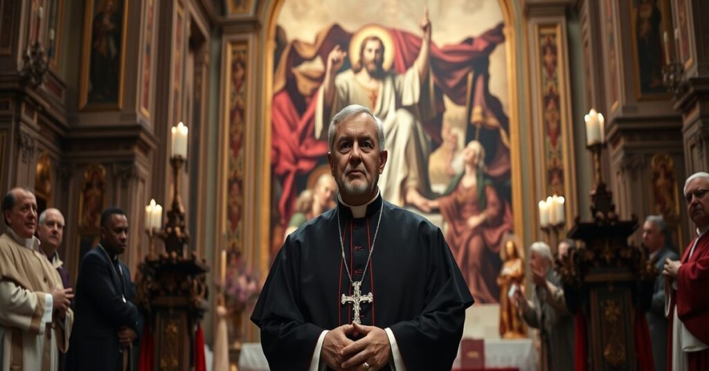 Kardynał Marcello Semeraro w tradycyjnym katolickim wnętrzu z symbolami Chrystusa Króla