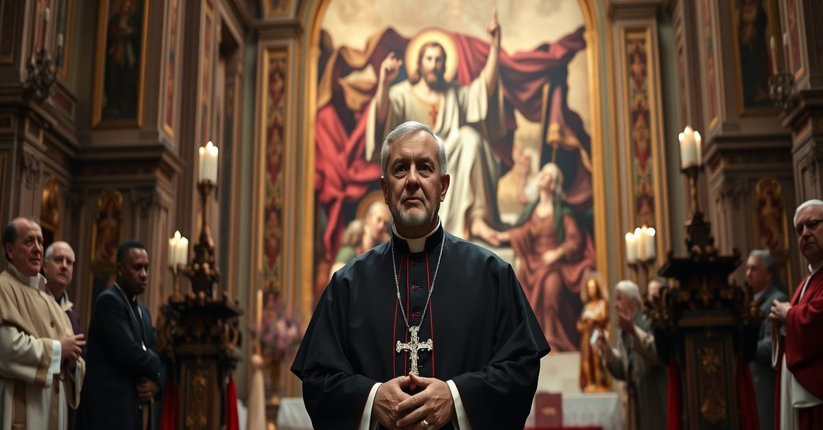 Kardynał Marcello Semeraro w tradycyjnym katolickim wnętrzu z symbolami Chrystusa Króla