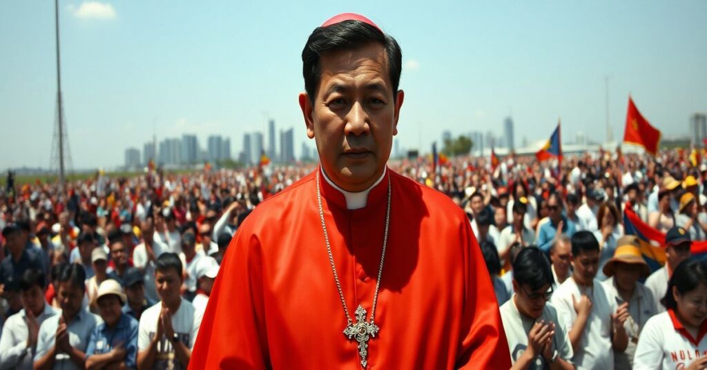 Portret kardynała Jaime Sina podczas rewolucji EDSA w 1986 roku, z tłumem modlących się protestujących.