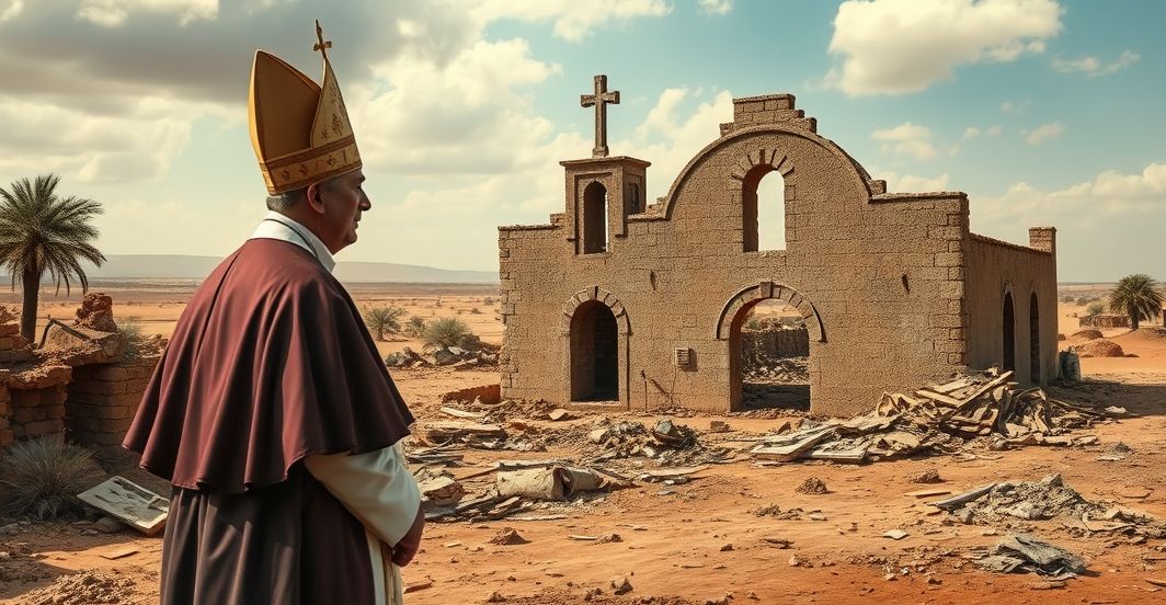 Kardynał w Sudanie - odzwierciedlenie cierpiącego Kościoła Kardynał w sutannie w sudanijskim krajobrazie zniszczonej świątyni, wyraz powagi i refleksji nad cierpieniem prawdziwego Kościoła