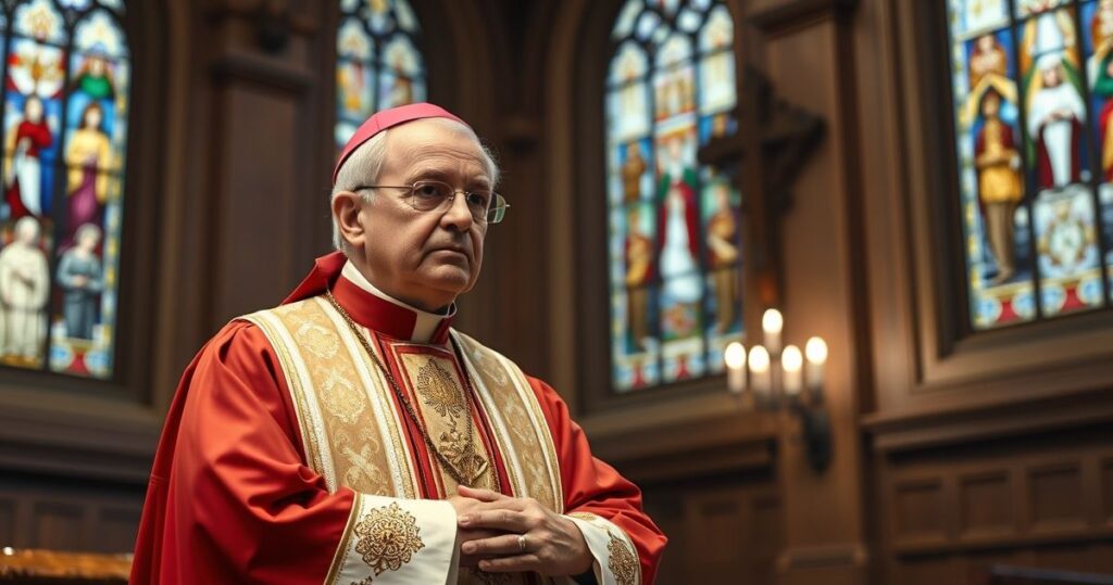 Kardynał w tradycyjnych szatach w katolickiej świątyni, wyraz powagi i refleksji, symbolizujący moralną odpowiedzialność wobec zagadnień zdrowia i władzy