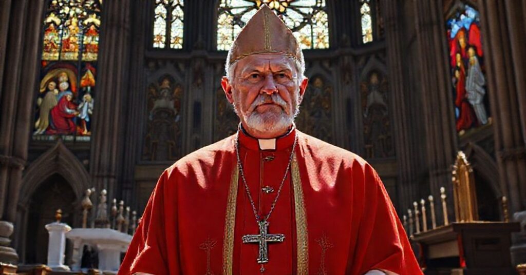 Kardynał Timothy Dolan w tradycyjnych szatach kardynalskich stojący przed katedrą w Nowym Jorku, otoczony symbolami jego rzekomego posługiwania się synagogą, meczetem i politykami.