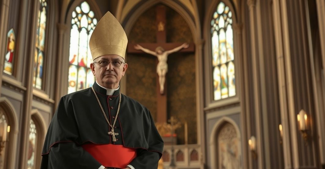 Kardynał w katedrze wyrażający troskę o prawdziwą doktrynę katolicką Kardynał w tradycyjnej sutannie w katedrze, wyraz powagi i troski o katolicką doktrynę, ukazujący krytykę nowoczesnych wpływów w Kościele