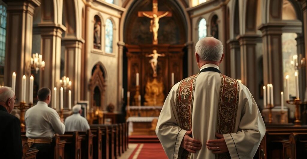 Szlachetny, realistyczny obraz katolickiego duchownego w tradycyjnej liturgii w kościele, symbolizujący wierność wierze i krytykę modernizmu