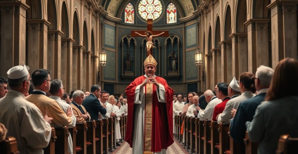 Kardynał w tradycyjnym stroju liturgicznym podczas nabożeństwa, symbolizujący autentyczną katolicką wiarę i odrzucenie modernistycznych tendencji