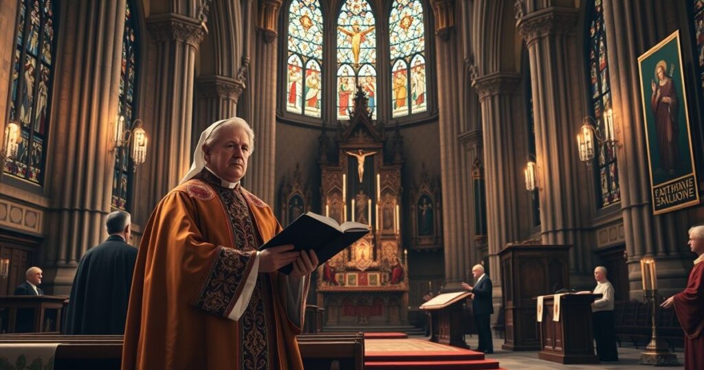 Kardynał w tradycyjnej liturgii katolickiej, krytyka modernistycznych wypaczeń w Kościele, powaga i duchowa głębia obrazu.