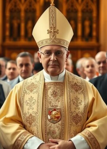 Kardynał w tradycyjnej liturgii jako symbol katolickiej hierarchii przeciw modernizmowi Kardynał w tradycyjnym stroju liturgicznym podczas nabożeństwa, symbolizujący autentyczną hierarchię katolicką w kontrze do modernistycznej synodalnej iluzji.