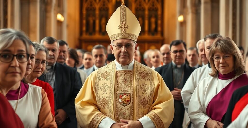 Kardynał w tradycyjnym stroju liturgicznym podczas nabożeństwa, symbolizujący autentyczną hierarchię katolicką w kontrze do modernistycznej synodalnej iluzji.