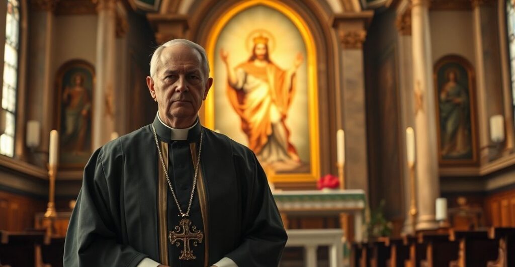 Kardynał w tradycyjnych szatach liturgicznych przed ołtarzem z obrazem Chrystusa Króla, ukazujący powagę i refleksję, symbolizujący wierność prawdziwej misji Kościoła katolickiego