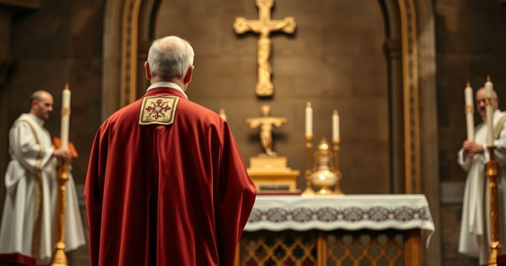 Kapłan katolicki w tradycyjnym stroju przed relikwiami, nawiązując do poważnej i judgamentlnej tematyki krytyki kultu świętych i relikwii