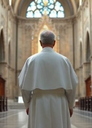 Kardynał w tradycyjnym kościele przeciwko modernistycznej profanacji sakrum Kardynał w tradycyjnych szatach stojący w majestatycznym kościele, ukazujący powagę i wierność katolickim wartościom, symbolizujący sprzeciw wobec modernistycznej profanacji sakrum