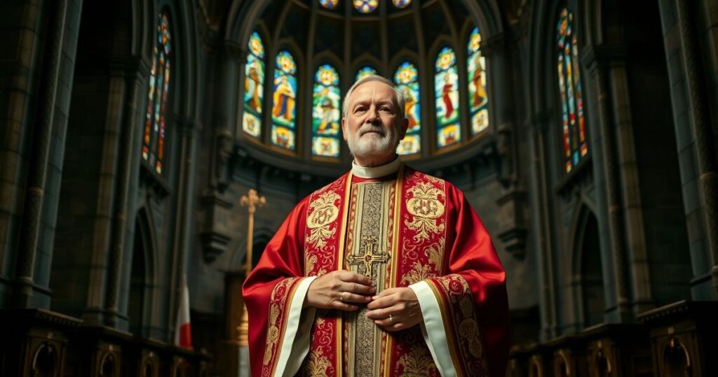Kardynał w liturgicznych szatach w tradycyjnej katedrze, wyraz powagi i wiary, symbolicznie krytykujący modernistyczne odchylenia w Kościele katolickim