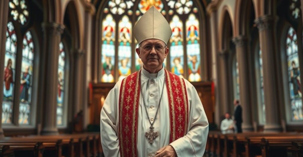Kardynał w tradycyjnych szatach w kościele, ukazujący powagę i pobożność, symbolizujący krytykę modernistycznych tendencji w Kościele katolickim