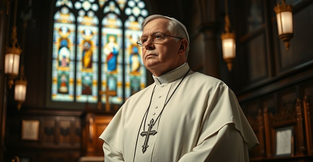 Kardynał w tradycyjnych szatach w kościele, ukazujący powagę i pobożność, symbolizujący krytykę modernistycznych tendencji w Kościele katolickim