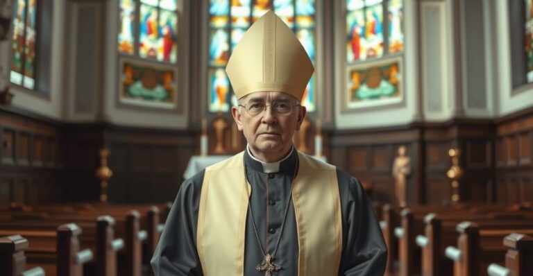 Ksiądz w tradycyjnej sutannie, modlący się w starym kościele z witrażami, symbolizujący autentyczną katolicką wiarę przeciw modernistycznym tendencjom