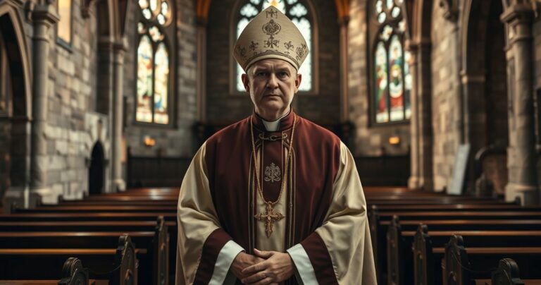 Kardynał w liturgicznych szatach w tradycyjnej katedrze, wyraz powagi i wiary, symbolicznie krytykujący modernistyczne odchylenia w Kościele katolickim
