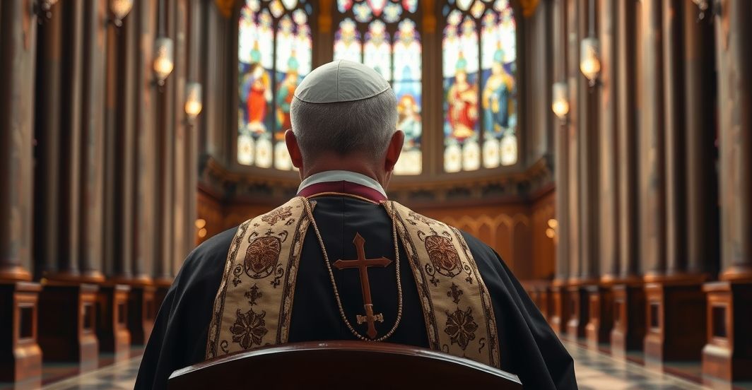 Kardynał w tradycyjnych szatach w katolickim kościele, wyraz głębokiej refleksji, symbolizujący sprzeciw wobec ekumenizmu i modernistycznych odchyleń w Kościele.