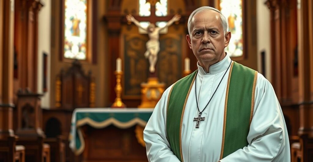 Kardynał w tradycyjnych szatach liturgicznych w kościele, poważnie i refleksyjnie, symbolizujący kontrowersje i krytykę modernistycznych tendencji w Kościele katolickim