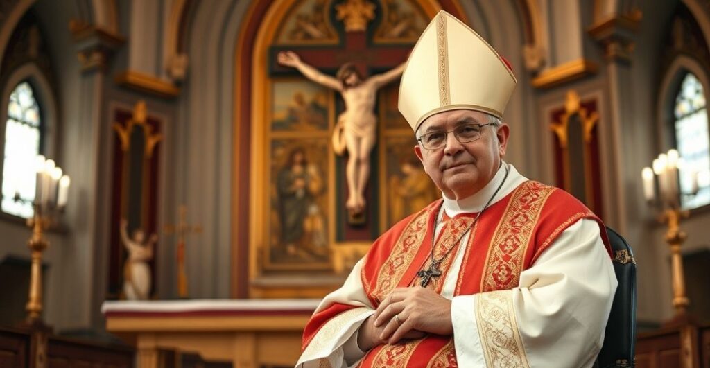 Kardynał w tradycyjnych szatach katolickich podczas nabożeństwa, wyraz powagi i krytyki ekumenizmu, w klasycznym, realistycznym stylu.