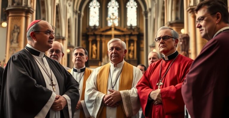 Kardynał w tradycyjnych szatach katolickich w starożytnej katedrze, wyraz zatroskania i krytyki wobec nowoczesnego kościoła modernistycznego