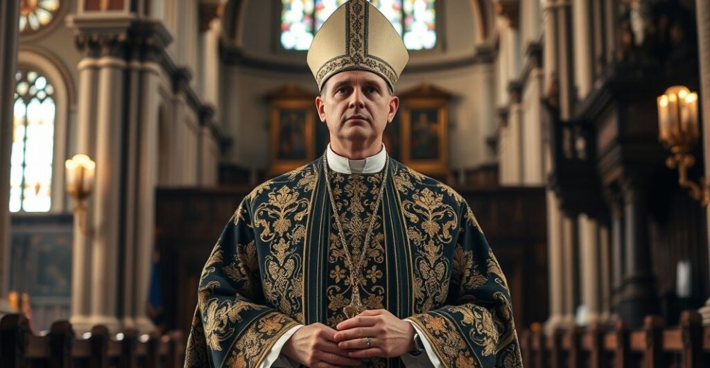 Kardynał w tradycyjnym stroju katolickim, w poważnej postawie, w historycznym wnętrzu kościoła, symbolizujący ostrą krytykę modernistycznych tendencji w Kościele