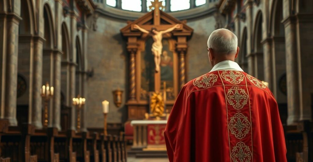 Kardynał w tradycyjnej kapłańskiej szacie w kościele, symbolizujący powagę katolickiej nauki wobec modernistycznych zagrożeń