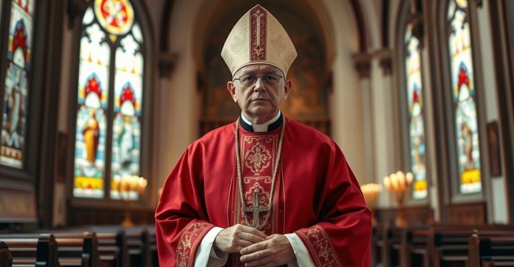 Kardynał w tradycyjnych szatach liturgicznych w kościele, symbolizujący sprzeciw wobec modernistycznej herezji w Kościele katolickim