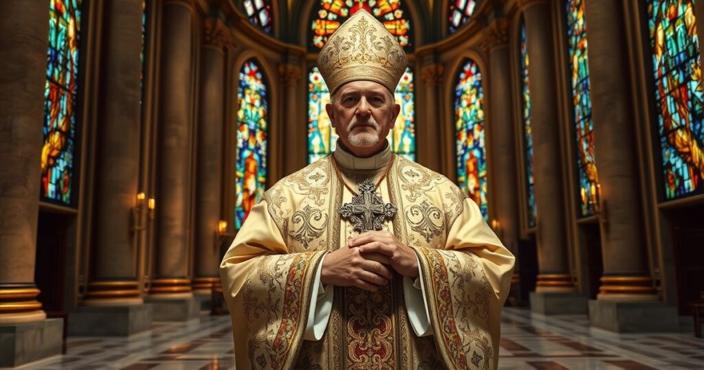 Kardynał w tradycyjnym stroju liturgicznym w majestatycznym kościele, symbolizujący duchową walkę i wierność katolickim naukom przeciw modernistycznym tendencjom