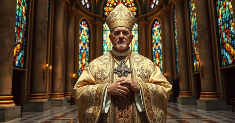 Kardynał w tradycyjnym stroju liturgicznym w majestatycznym kościele, symbolizujący duchową walkę i wierność katolickim naukom przeciw modernistycznym tendencjom