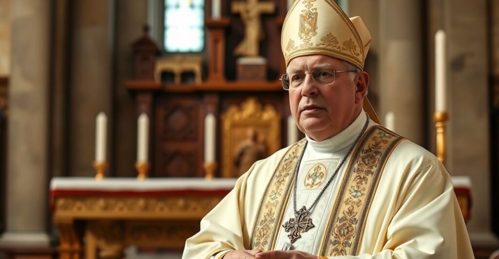 Kardynał w tradycyjnym stroju katolickim wygłasza kazanie w kościele, symbolizując zagrożenie modernistycznej rewolucji i marginalizacji Królestwa Chrystusa