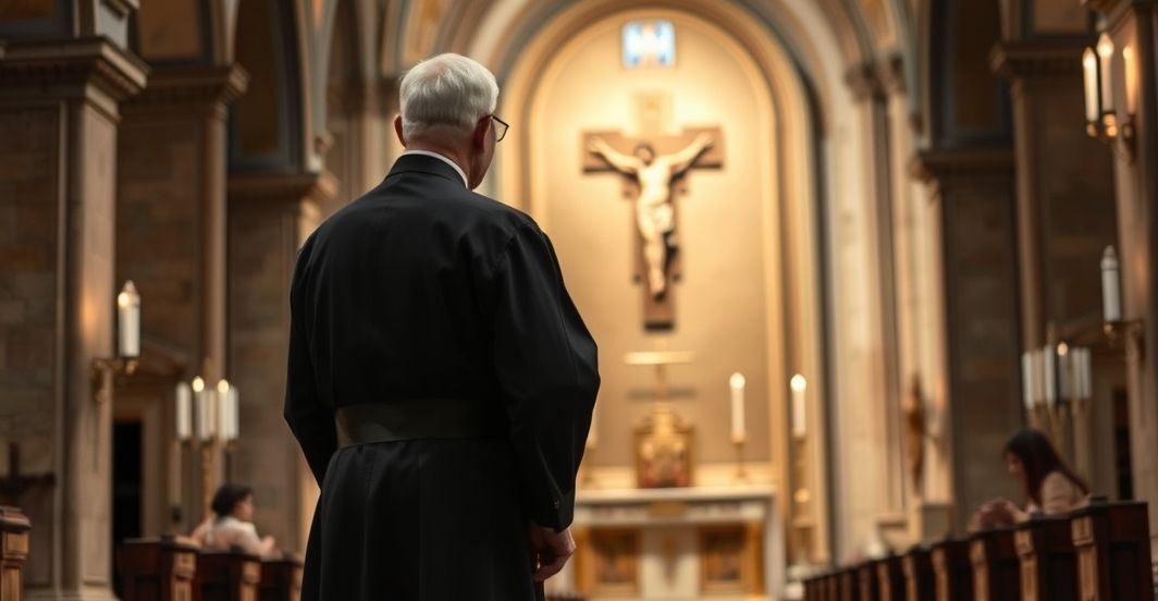 Kardynał w tradycyjnym stroju katolickim w kościele, wyraz powagi i krytyki wobec modernistycznej hierarchii, symbolizujący powrót do prawdziwej wiary katolickiej