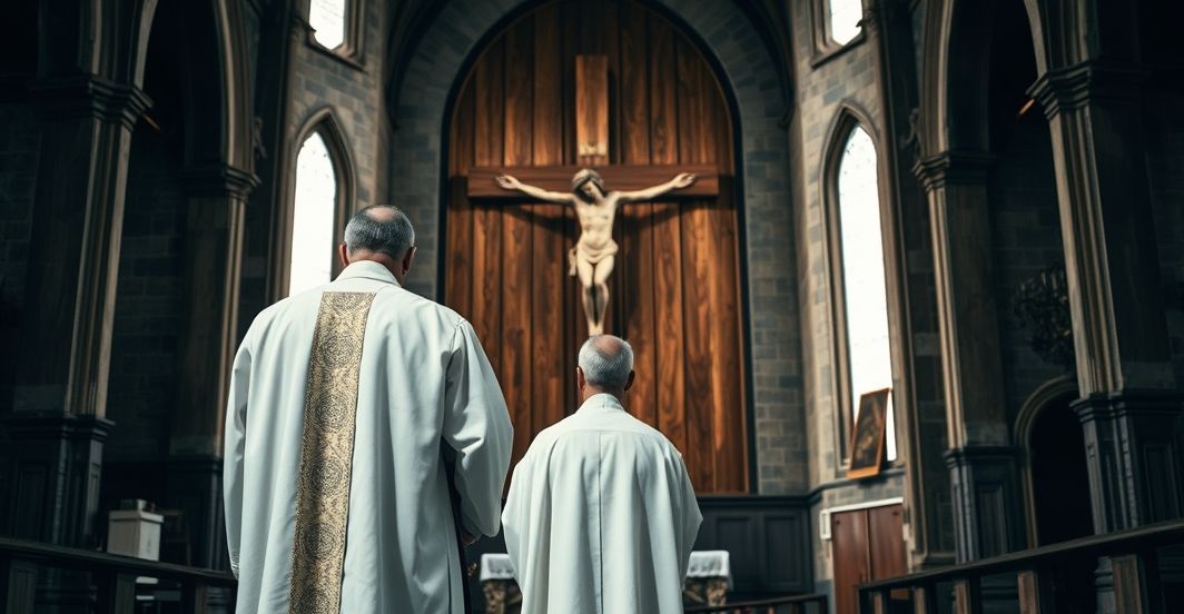 Tradycyjny katolicki kapłan przed krucyfiksem w kontekście krytyki modernizmu Zdjęcie kapłana katolickiego w tradycyjnych strojach przed krucyfiksem, symbolizujące powagę i kontemplację wobec nauk Kościoła, z naciskiem na krytykę nowoczesnych interpretacji wiary.