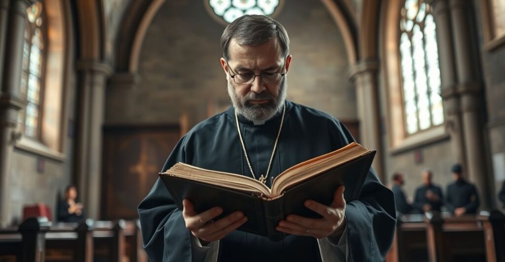 Kardynał w tradycyjnym kościele czyta Pismo Święte z powagą, symbolizując obronę katolickiej nauki przeciw modernizmowi
