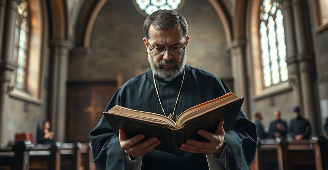 Kardynał w tradycyjnym kościele czyta Pismo Święte z powagą, symbolizując obronę katolickiej nauki przeciw modernizmowi