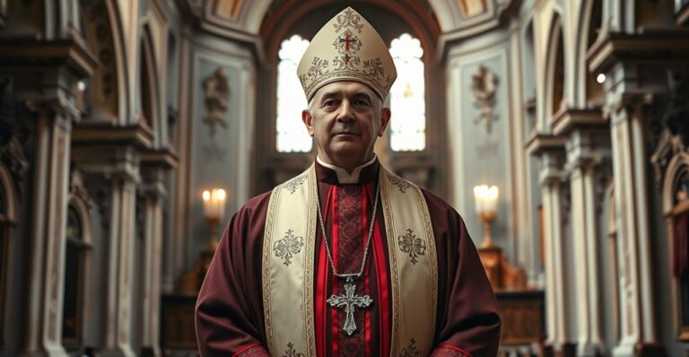Kardynał w tradycyjnych szatach liturgicznych w kościele, symbolizujący prawdziwą katolicką wierność i krytykę modernistycznego duchowieństwa