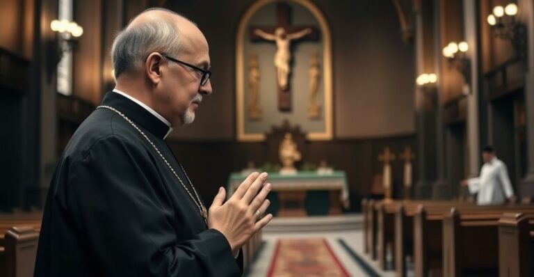 Ksiądz w tradycyjnej szacie modli się w kościele, wyraz zatroskania, symbolizujący krytykę sztucznej religii i duchowej pustki w współczesnym katolicyzmie