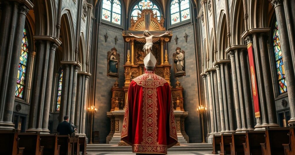 Kardynał w tradycyjnym stroju liturgicznym podczas mszy w starej katedrze, symbolizujący katolicką autentyczność i krytykę nowoczesnych tendencji