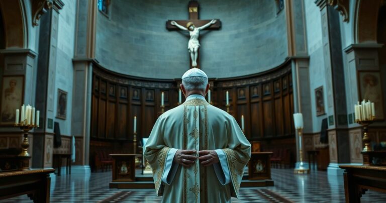 Kardynał w tradycyjnym stroju liturgicznym podczas mszy w starej katedrze, symbolizujący katolicką autentyczność i krytykę nowoczesnych tendencji