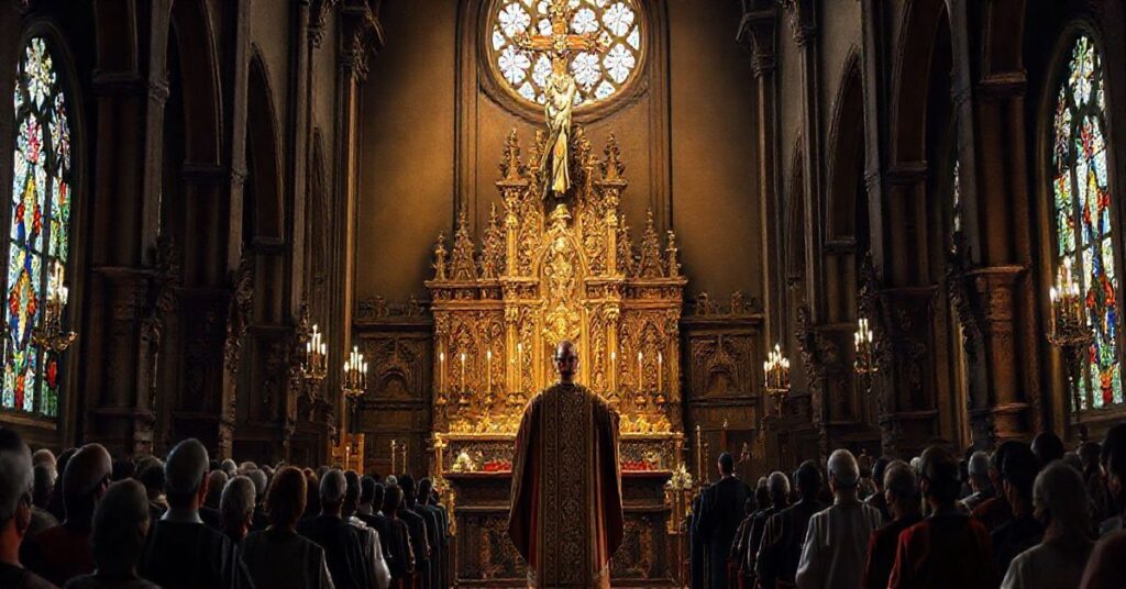 Kardynał w tradycyjnym stroju liturgicznym przed ołtarzem, symbolizujący krytykę modernistycznych odchyleń w Kościele katolickim