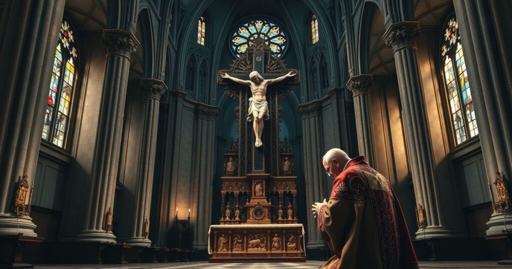 Kardynał w liturgicznej szacie modli się przed krucyfiksem w tradycyjnej katedrze, symbolizując odrzucenie nowoczesnych herezji i powrót do katolickiej prawdy.