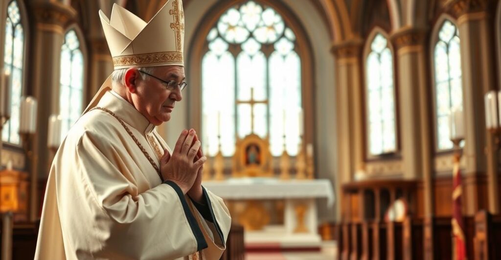 Kardynał modli się w tradycyjnej katolickiej świątyni, symbolizując wierność naukom Kościoła w obliczu modernistycznych zagrożeń