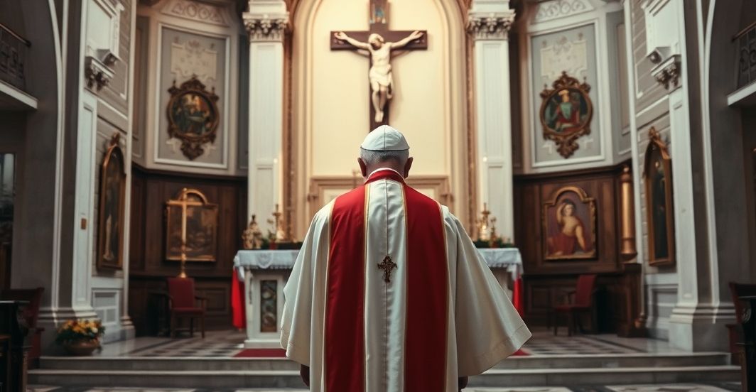 Kardynał w tradycyjnym stroju katolickim na tle ołtarza, wyraz powagi i głębokiej refleksji, krytyka nowoczesnych kanonizacji