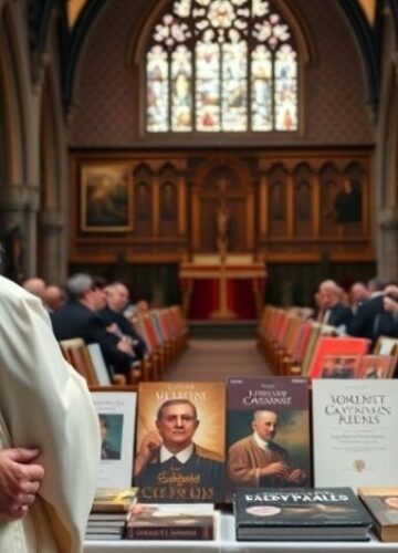 Przedstawienie krytycznej postawy wobec modernistycznych wpływów w Kościele katolickim Szczery katolicki ksiądz w tradycyjnych szatach przed nowoczesną wystawą książek, wyrażający krytykę modernistycznych tendencji w Kościele