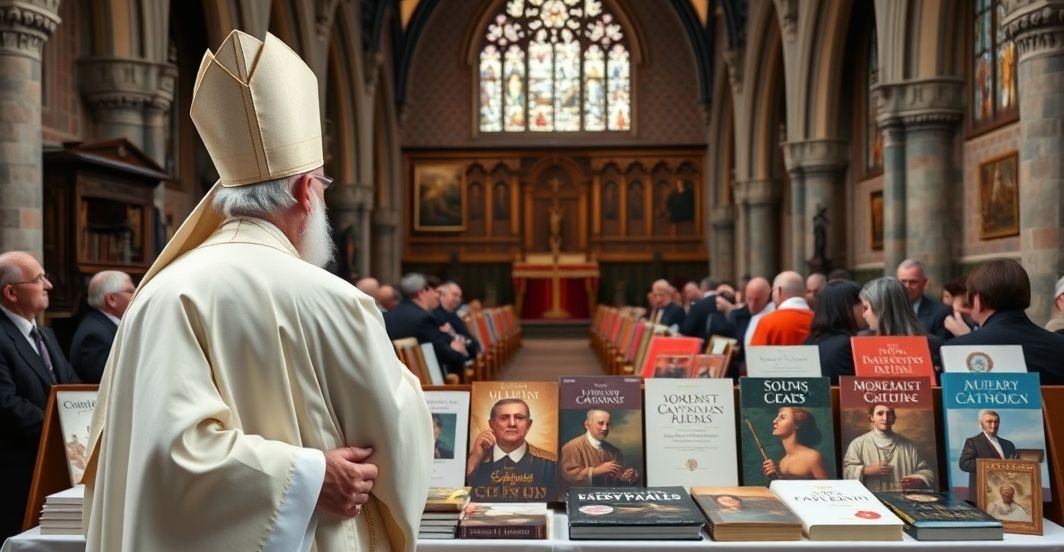 Przedstawienie krytycznej postawy wobec modernistycznych wpływów w Kościele katolickim Szczery katolicki ksiądz w tradycyjnych szatach przed nowoczesną wystawą książek, wyrażający krytykę modernistycznych tendencji w Kościele