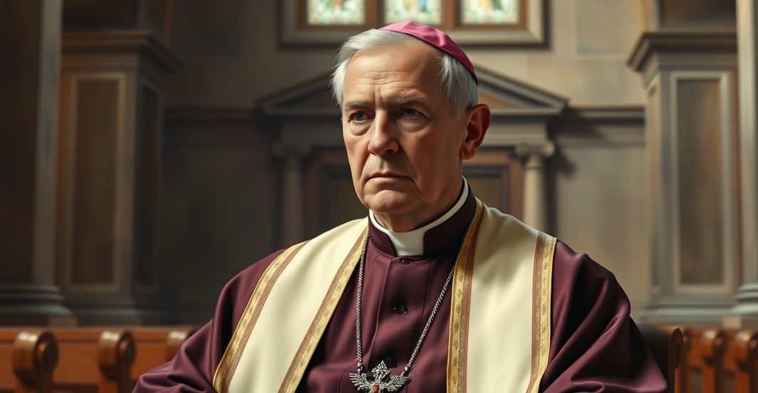 Kardynał w tradycyjnym stroju katolickim w świątyni, symbolizujący wierność prawdziwej wierze katolickiej, wyrażający powagę i duchowe zaangażowanie