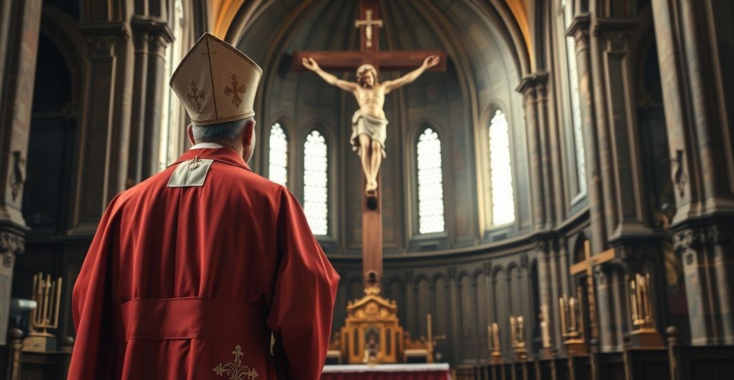 Kardynał w tradycyjnych szatach liturgicznych przed krucyfiksem w starej katedrze, symbolizujący troskę o wierność katolickiej tradycji wobec modernistycznych zagrożeń